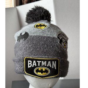 BATMAN‎ KIDS BEANIE HAT DC COMICS BATMAN LOGO GRAY CAP 2T-4T POM POM PATCHES